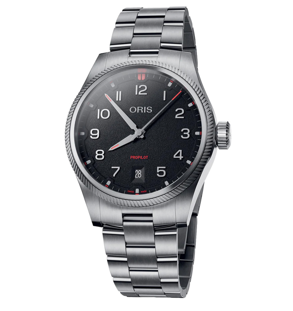 01 733 7805 4164-07 8 20 04LC Oris ProPilot Date - Dial: Black, arab num, Strap: MB steel