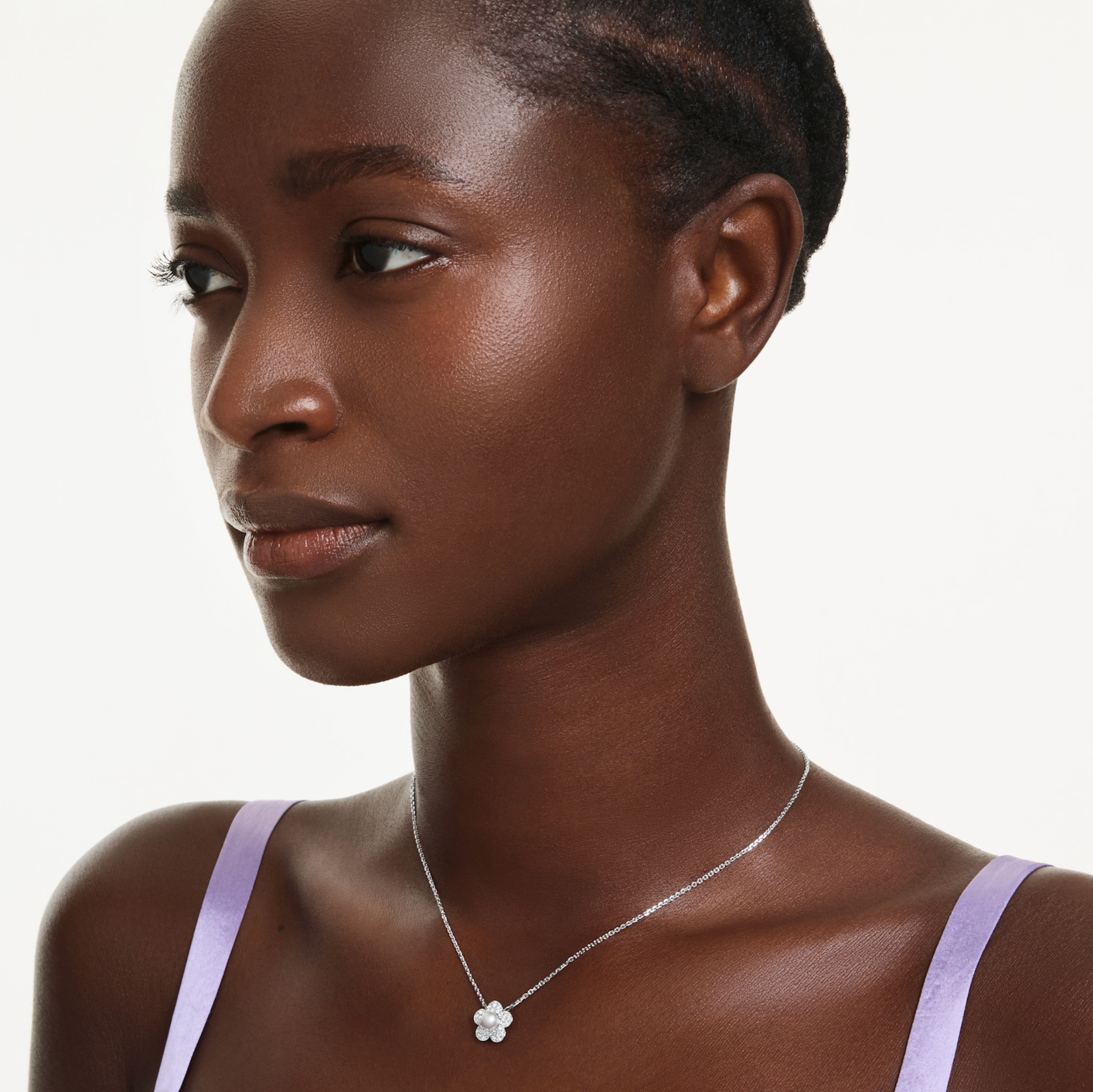 5755817 Ariana Grande x Swarovski pendant Crystal pearl, Round cut, Flower, White, Rhodium plated