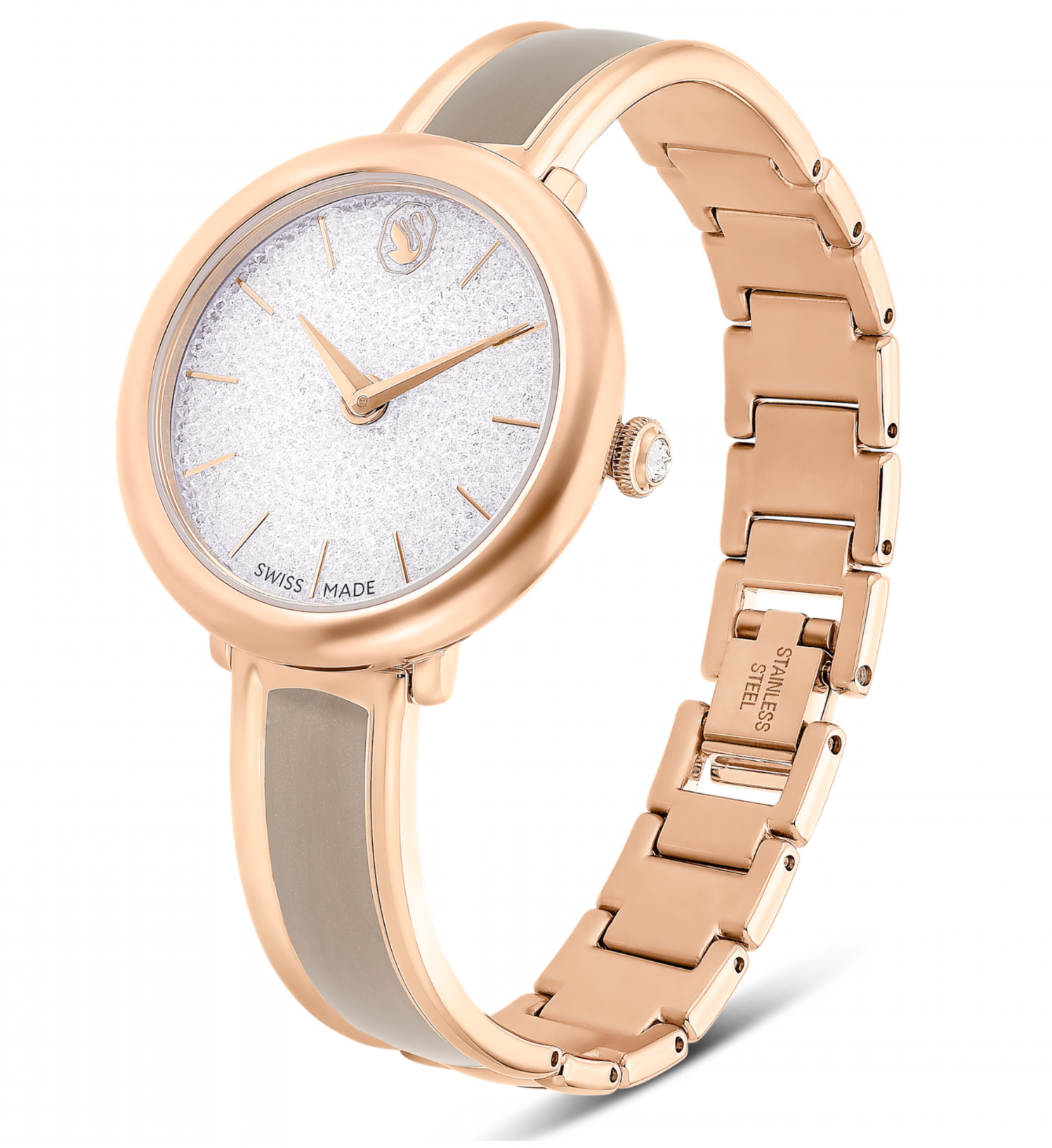 5709814 Crystalline bangle watch Swiss Made, Metal bracelet, Beige, Rose gold-tone finish