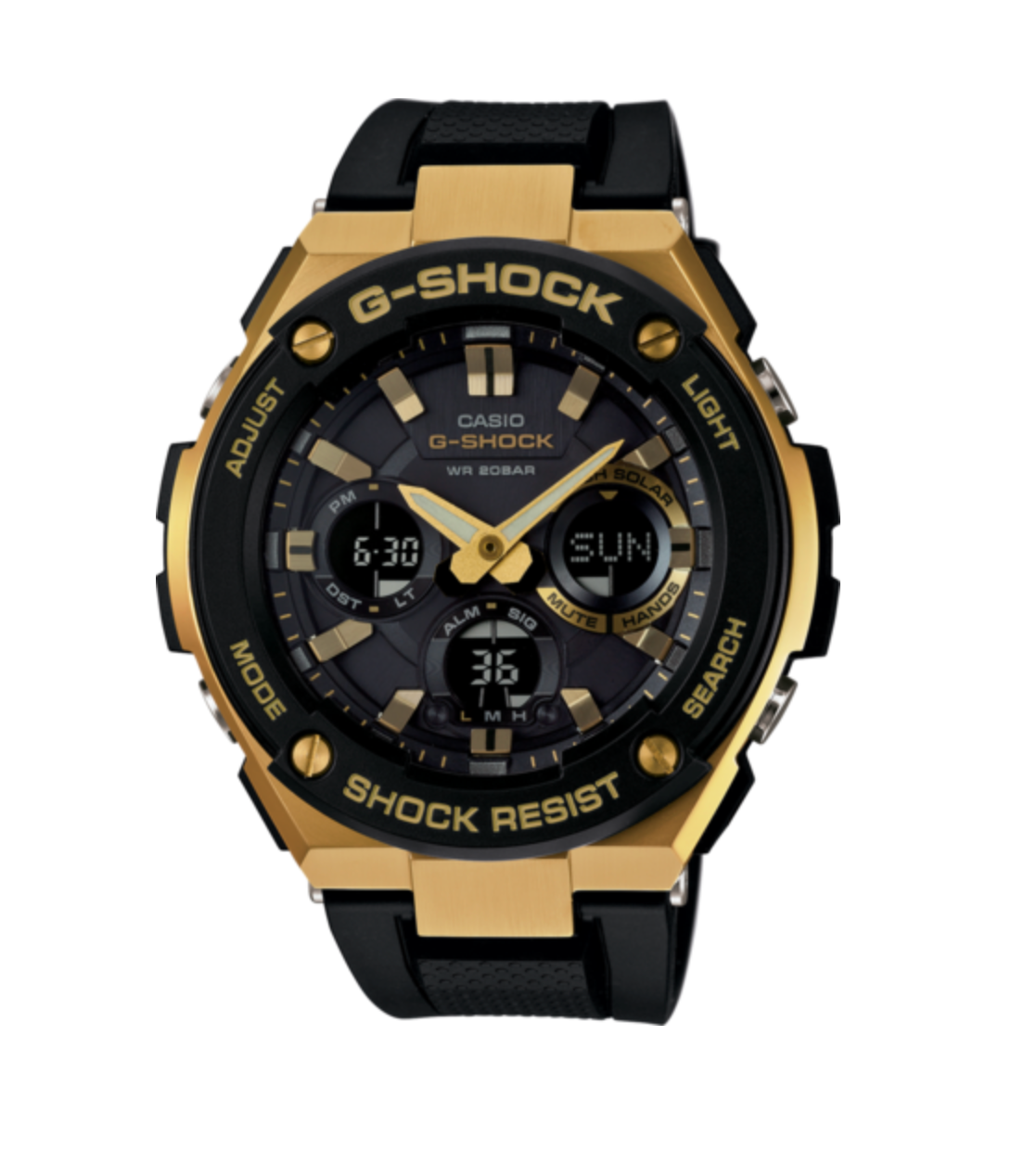 GSTS100G-1A G STEEL DUO SOLAR, GOLD ACCENT, BLACK RESIN BAND