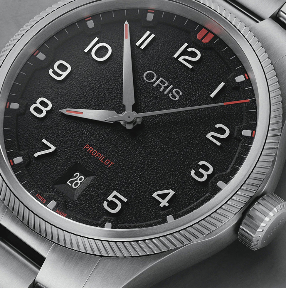 01 733 7805 4164-07 8 20 04LC Oris ProPilot Date - Dial: Black, arab num, Strap: MB steel