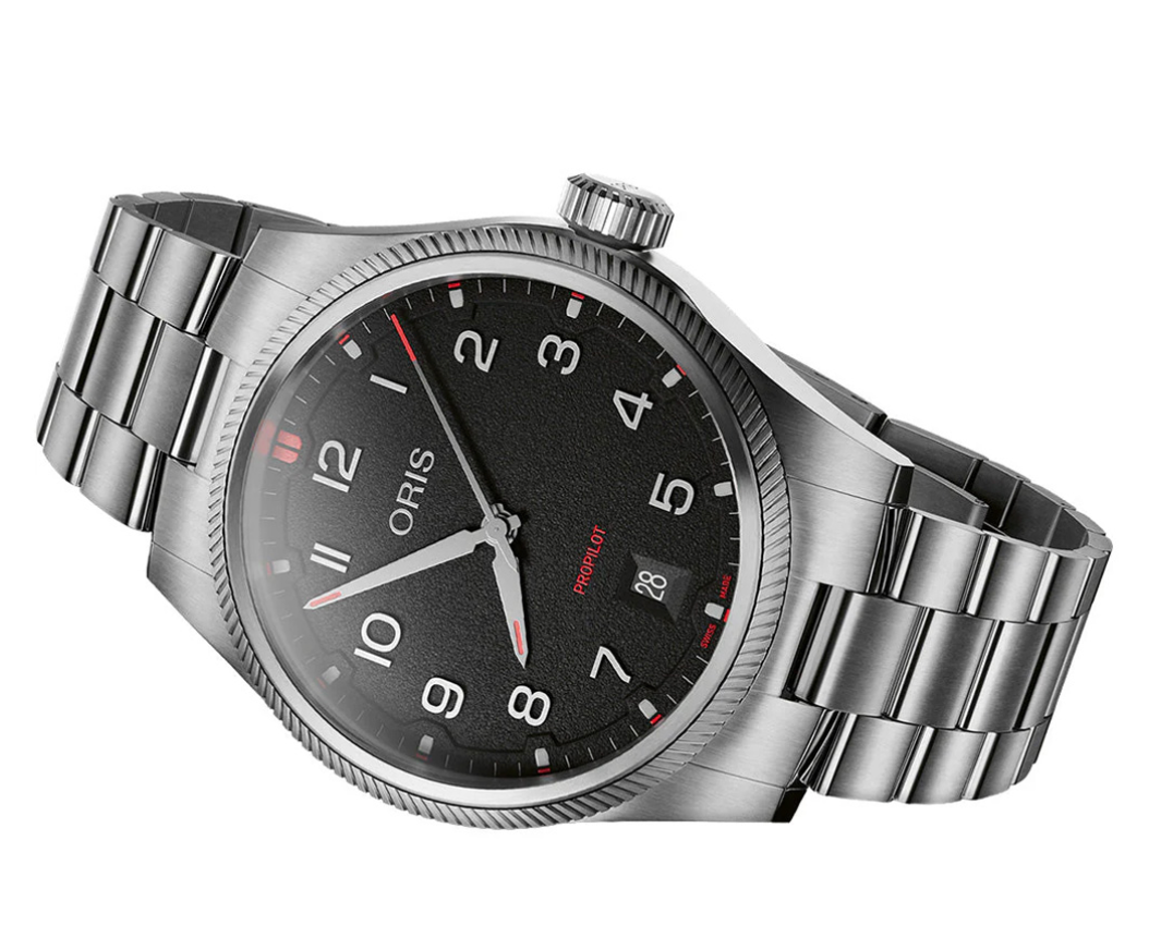 01 733 7805 4164-07 8 20 04LC Oris ProPilot Date - Dial: Black, arab num, Strap: MB steel