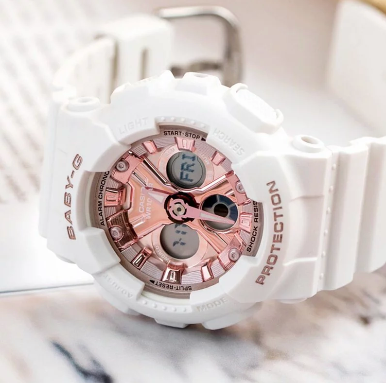 BA130-7A1 BABY-G DUO PINK FACE, WHITE RESIN BAND