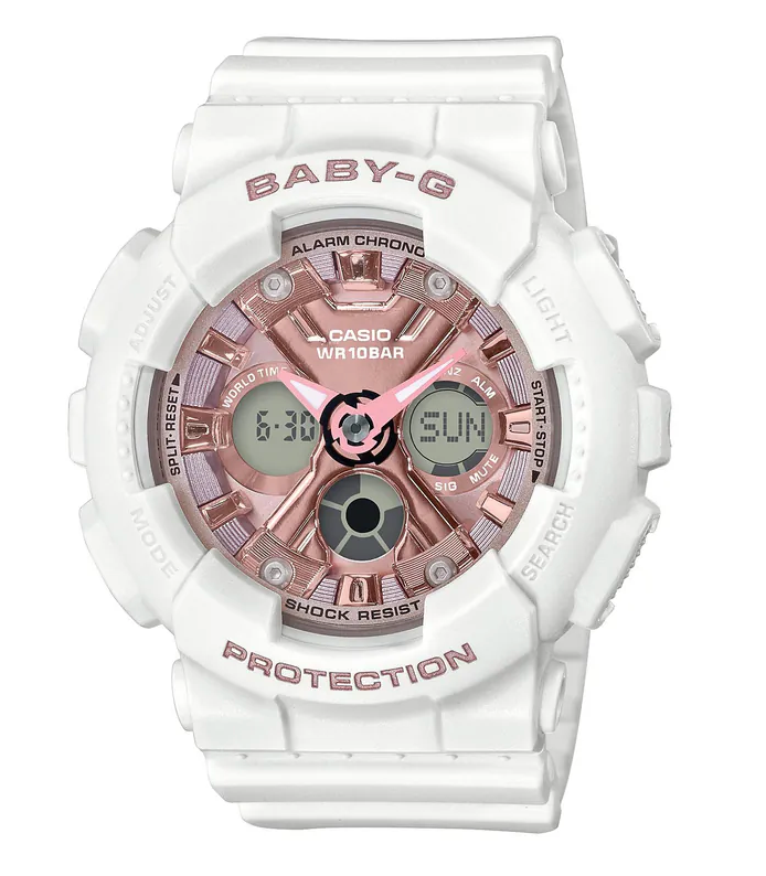 BA130-7A1 BABY-G DUO PINK FACE, WHITE RESIN BAND