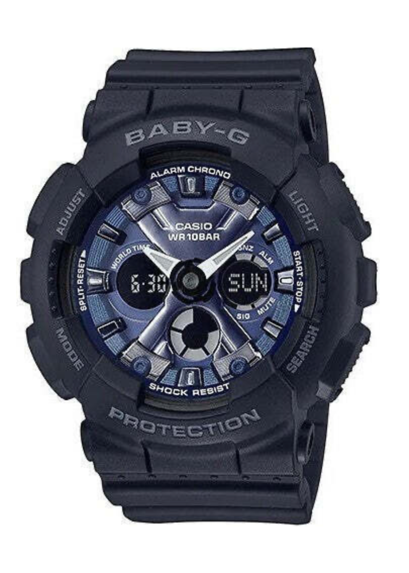 BA130-1A2DR BABY-G DUO BLUE FACE,  BLACK RESIN BAND