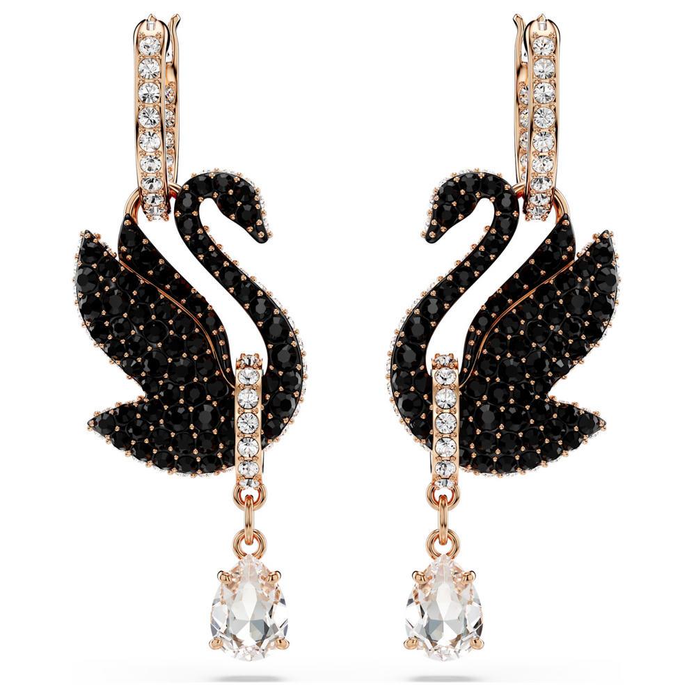 5678047 Swan drop earrings Swan, Black, 18K rose gold finish