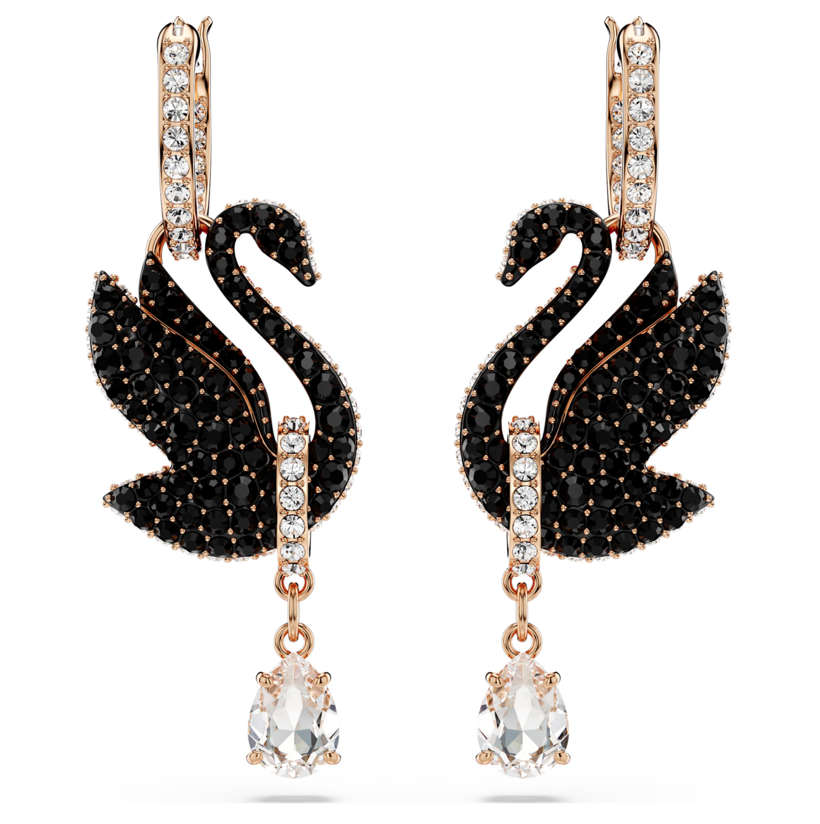 5678047 Swan drop earrings Swan, Black, 18K rose gold finish