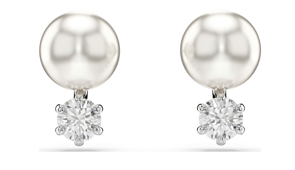 5694225 Matrix stud earrings Crystal pearl, Round cut, White, Rhodium plated