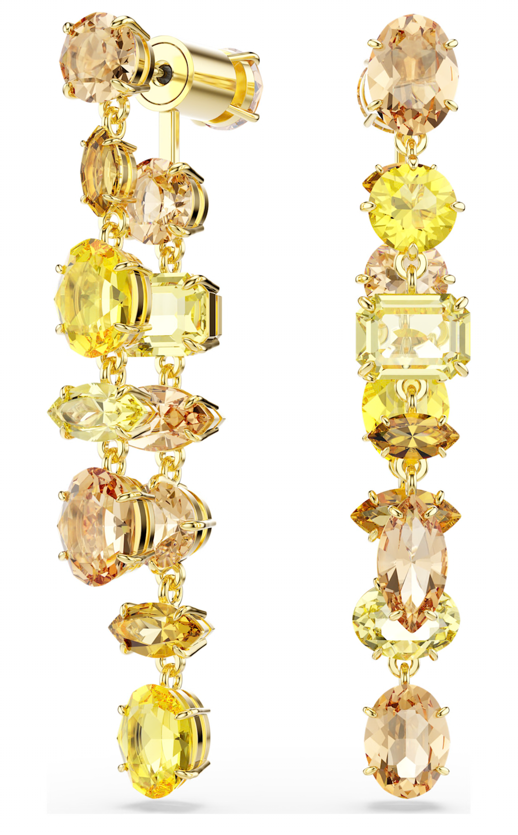 5718073 Gema drop earrings Asymmetrical design, Mixed cuts, Long, Yellow, 18K gold finish