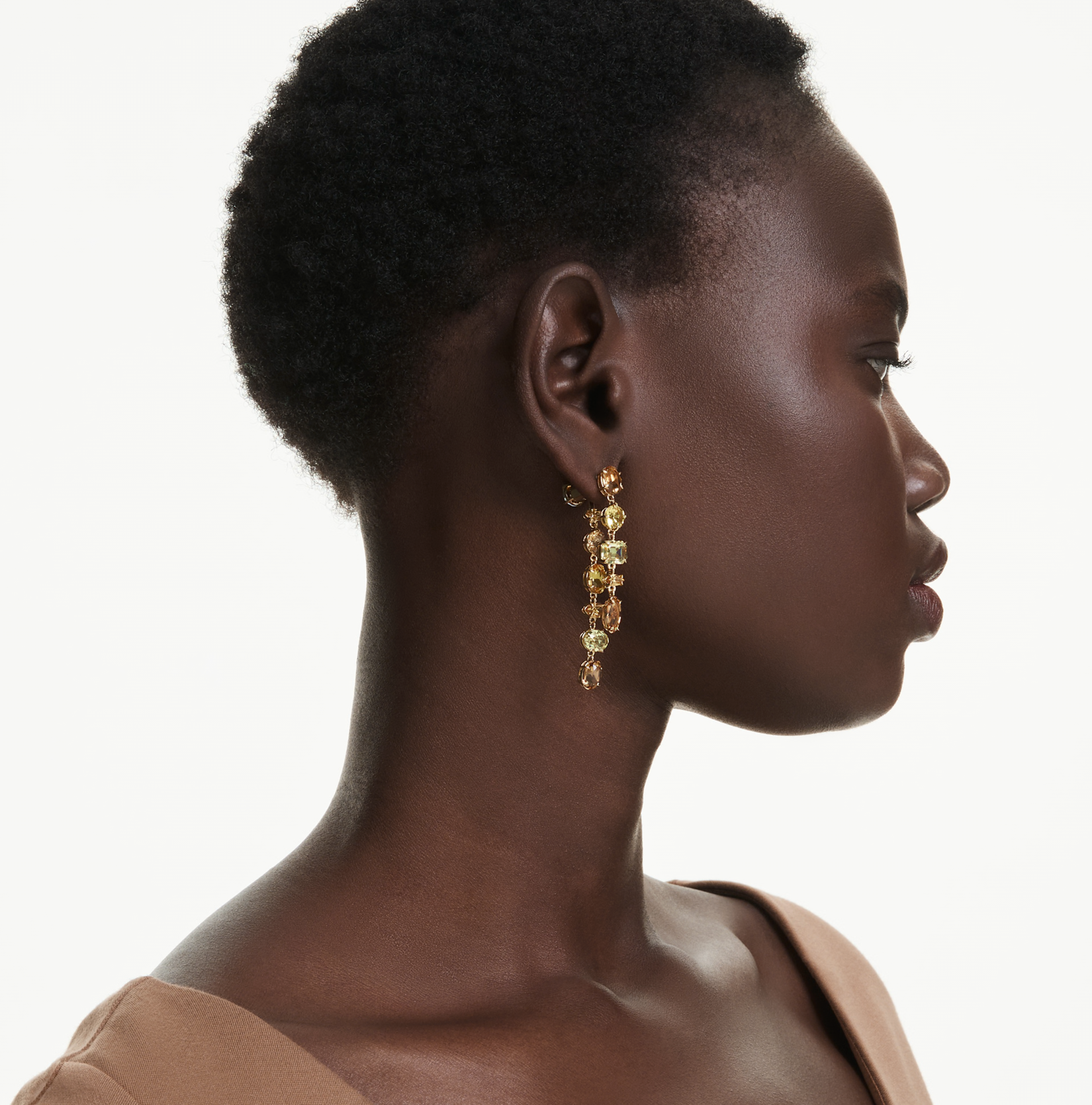 5718073 Gema drop earrings Asymmetrical design, Mixed cuts, Long, Yellow, 18K gold finish