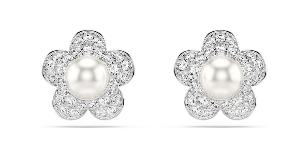 5756098 Ariana Grande x Swarovski stud earrings Crystal pearl, Round cut, Flower, White, Rhodium plated