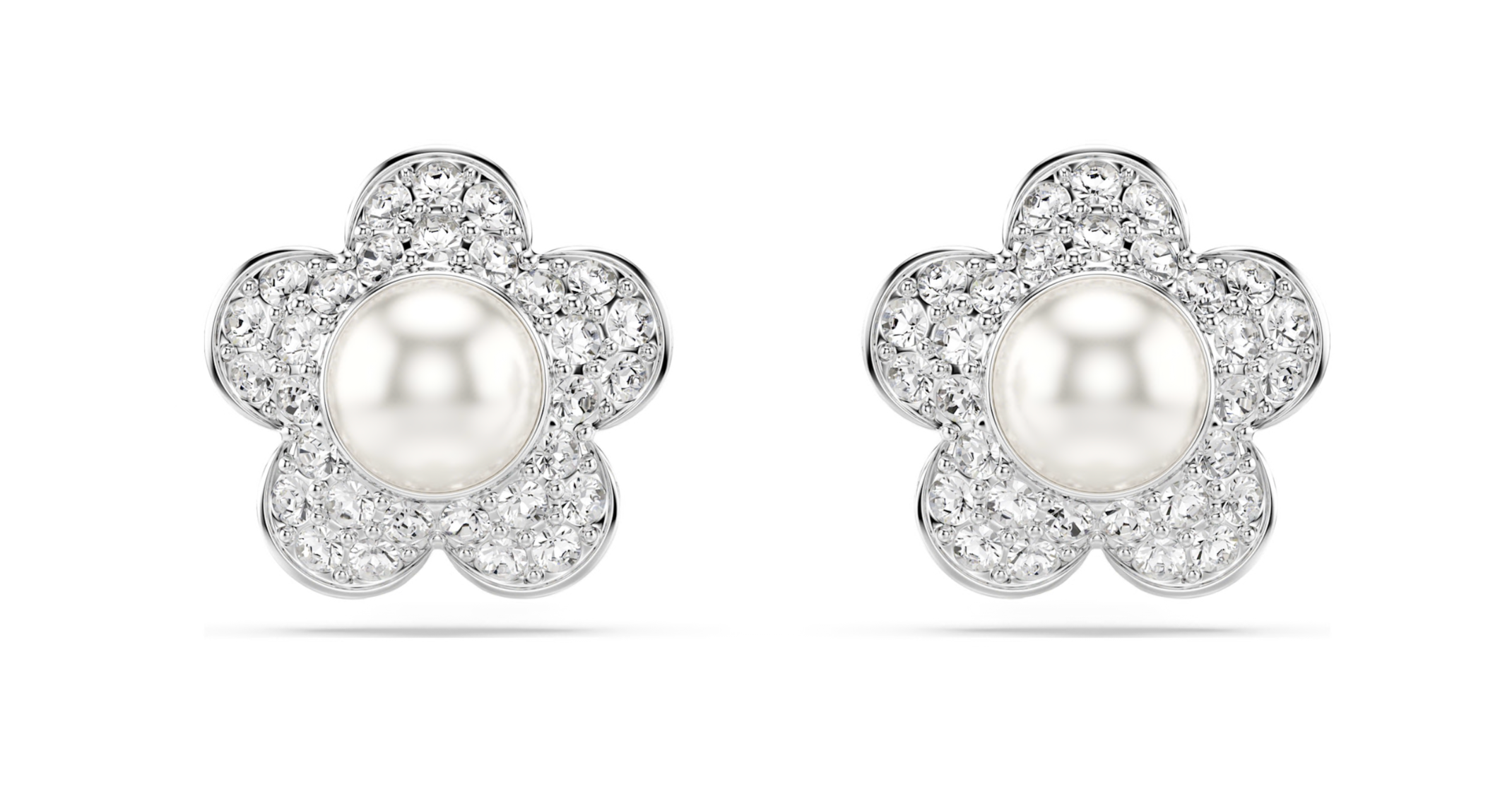 5756098 Ariana Grande x Swarovski stud earrings Crystal pearl, Round cut, Flower, White, Rhodium plated