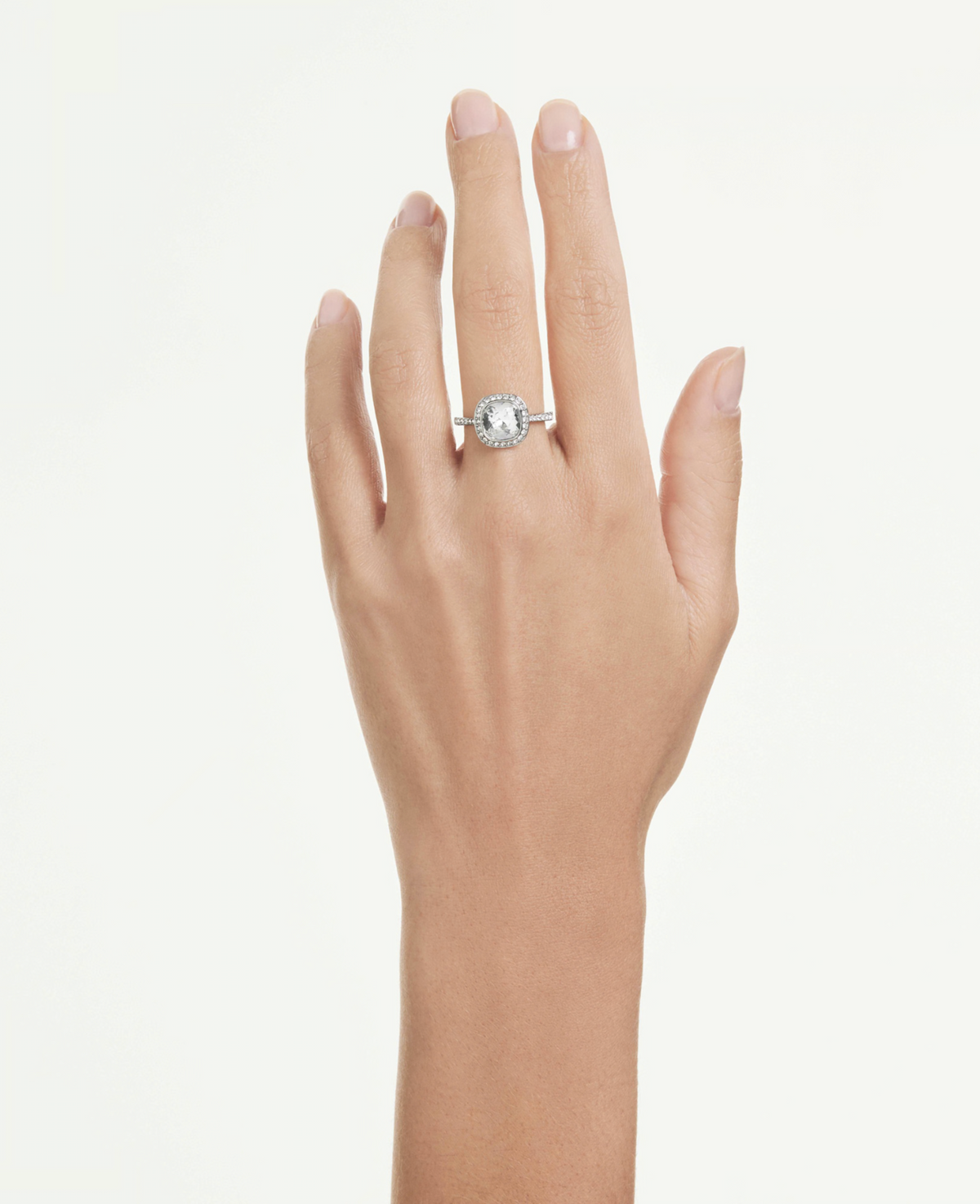 5758470 Una Angelic halo ring Cushion cut, White, Rhodium plated