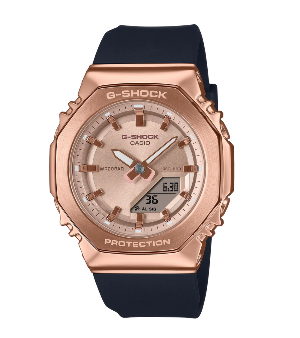 GMS2110PG-1A4 G SHOCK MID DUO METAL ROSEGOLD CASE, BLACK RESIN