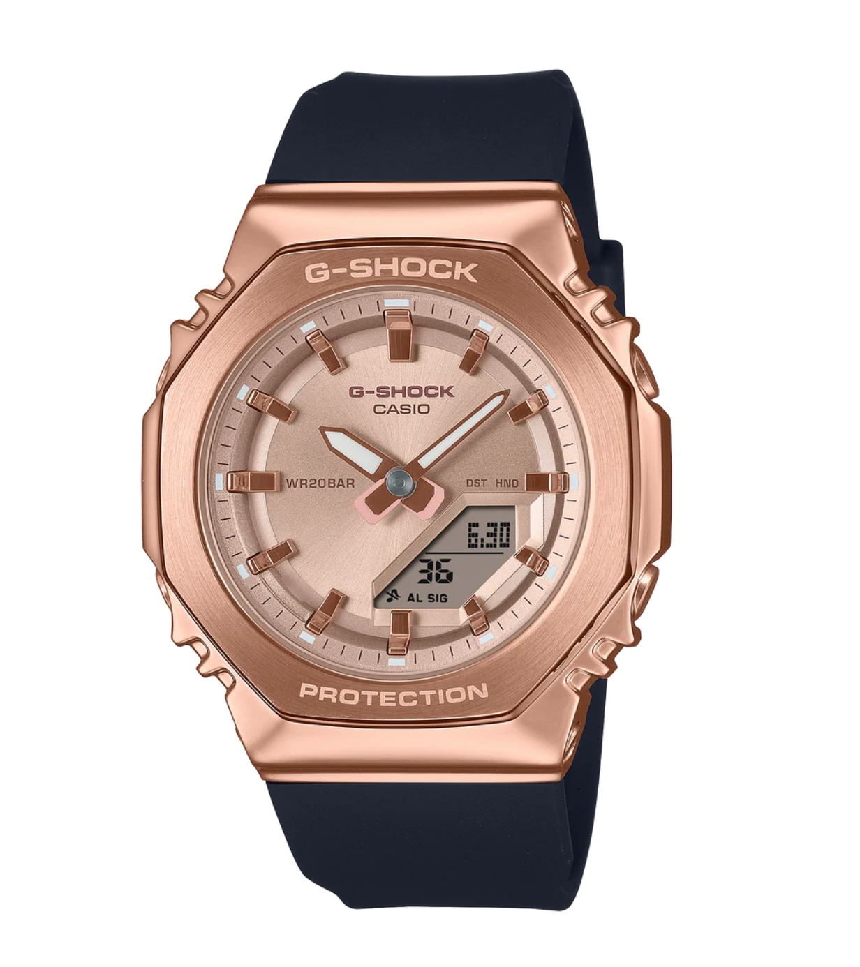 GMS2110PG-1A4 G SHOCK MID DUO METAL ROSEGOLD CASE, BLACK RESIN