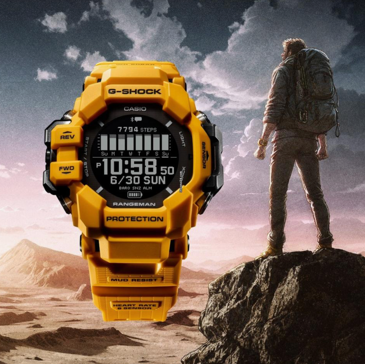 GPRH1000-9D G SHOCK DIG GPS RANGMAN, YELLOW RESIN BAND