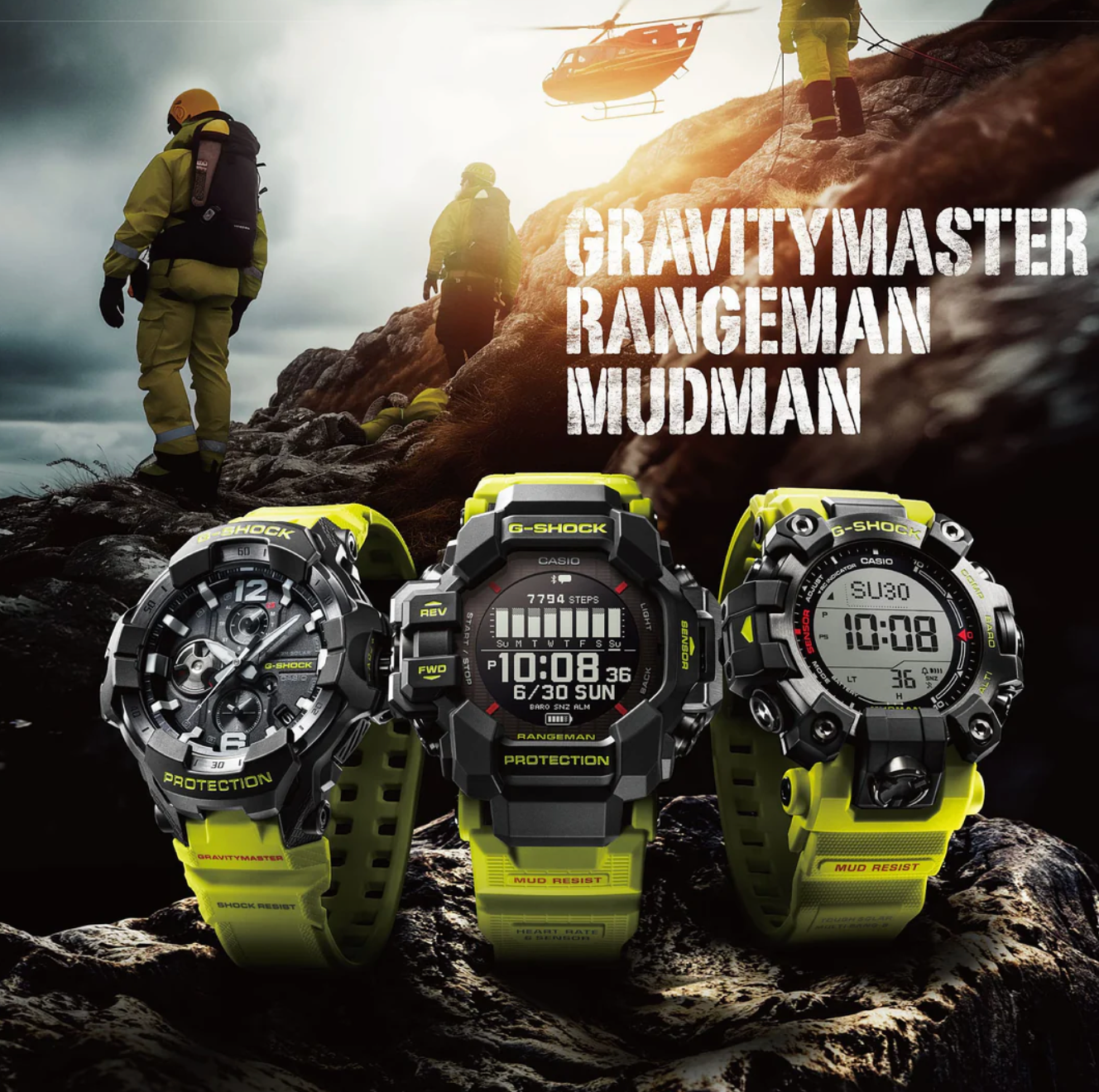 GRB300RY-1A9 G SHOCK ANA RESCUE YELLOW, YELLOW RESIN BAND