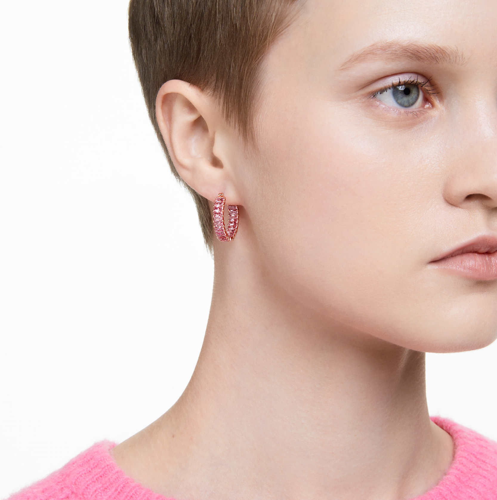 5657726 Matrix hoop earrings Baguette cut, Pink, 18K rose gold finish