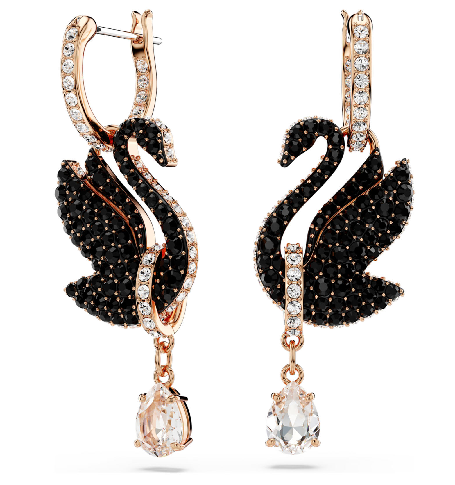 5678047 Swan drop earrings Swan, Black, 18K rose gold finish