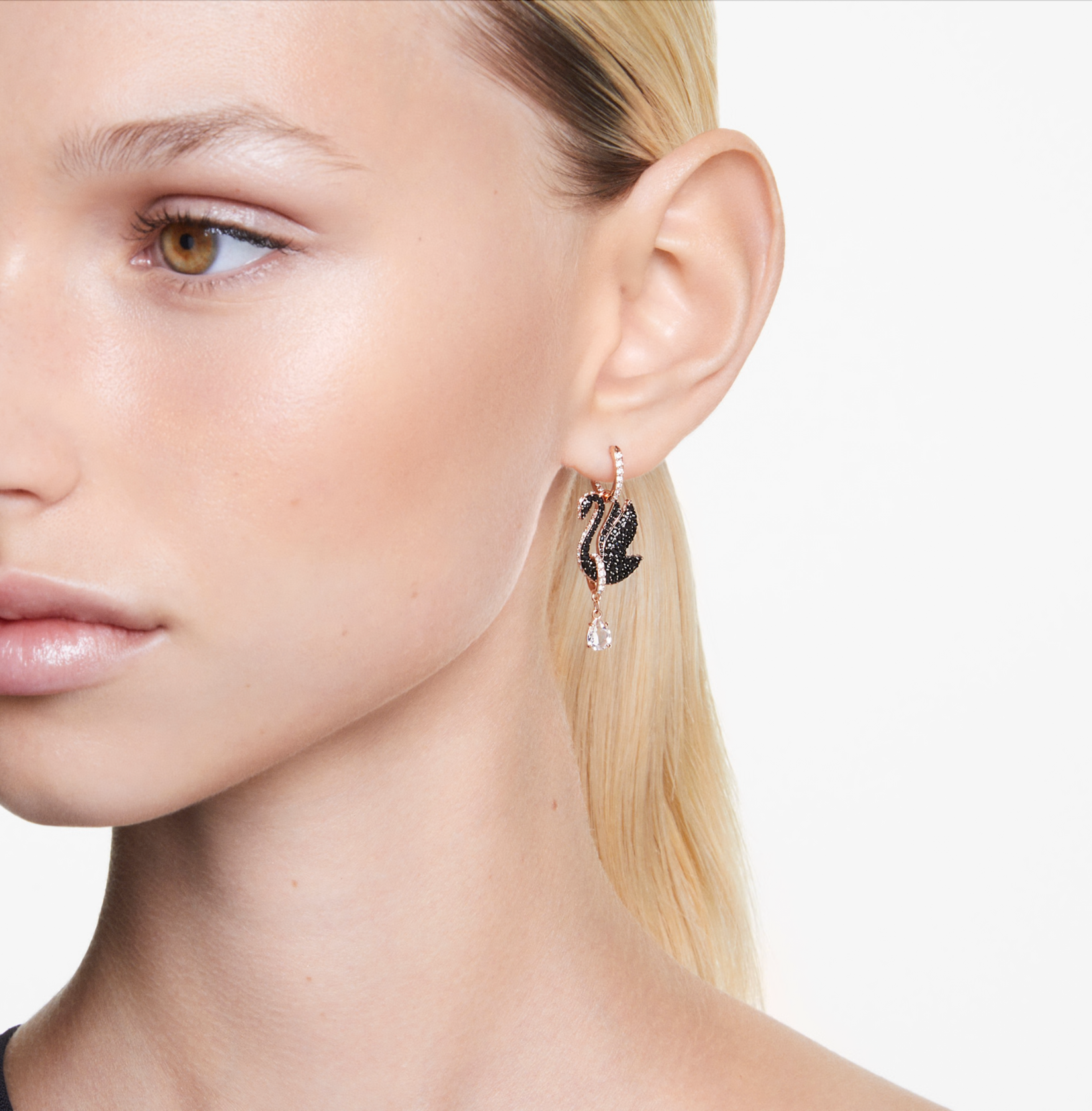 5678047 Swan drop earrings Swan, Black, 18K rose gold finish
