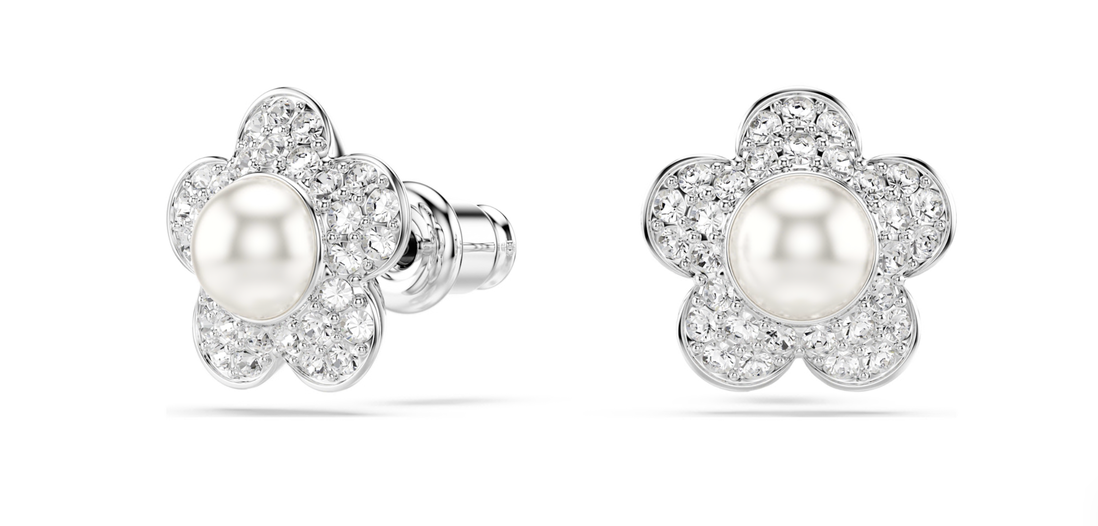 5756098 Ariana Grande x Swarovski stud earrings Crystal pearl, Round cut, Flower, White, Rhodium plated