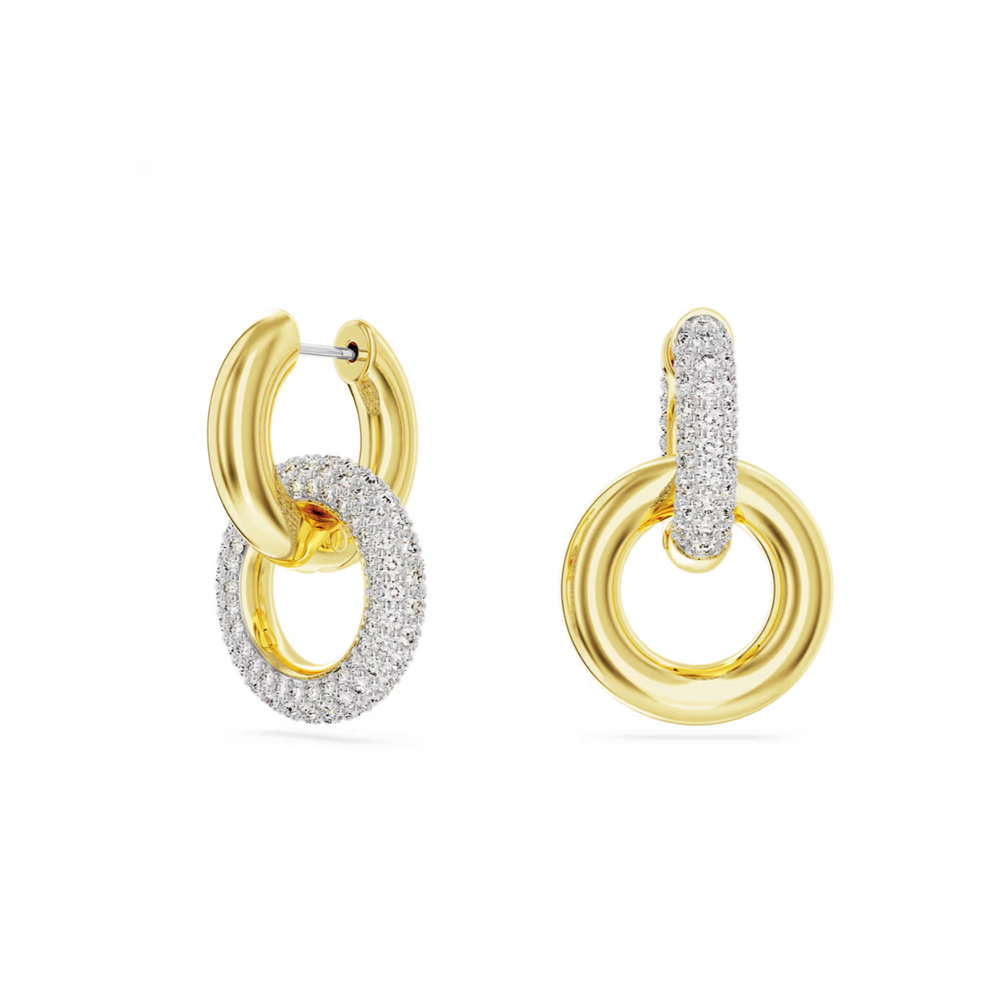 5668818 Dextera hoop earrings Asymmetrical design, Interlocking loop, White, 18K gold finish